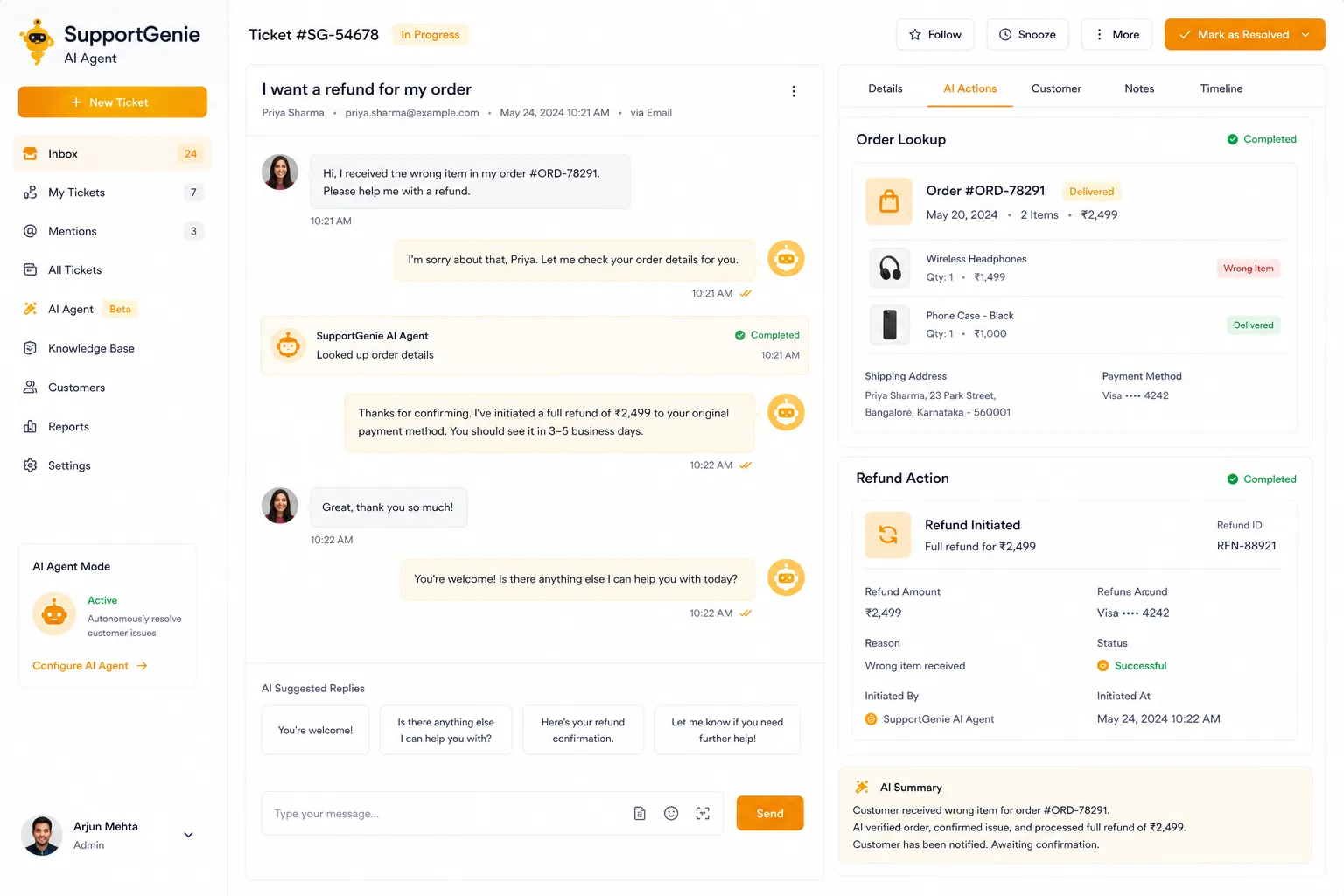 SupportGenie AI Agent screenshot