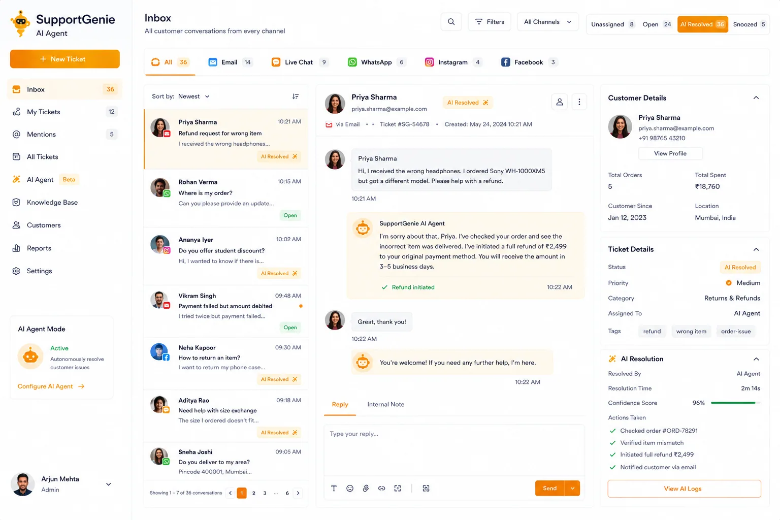 SupportGenie AI Agent preview